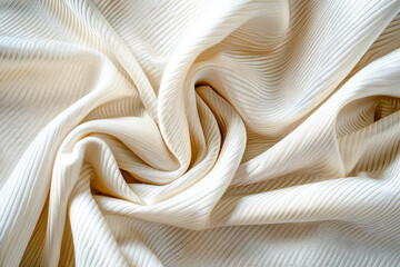 Elegant beige fabric draped in soft folds, creating a textured and luxurious background.