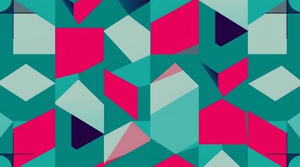 Abstract Geometric Pattern: Vibrant teal, pink, and navy blue geometric shapes intertwine in a dynamic and modern seamless pattern, creating a visually captivating abstract design.  
