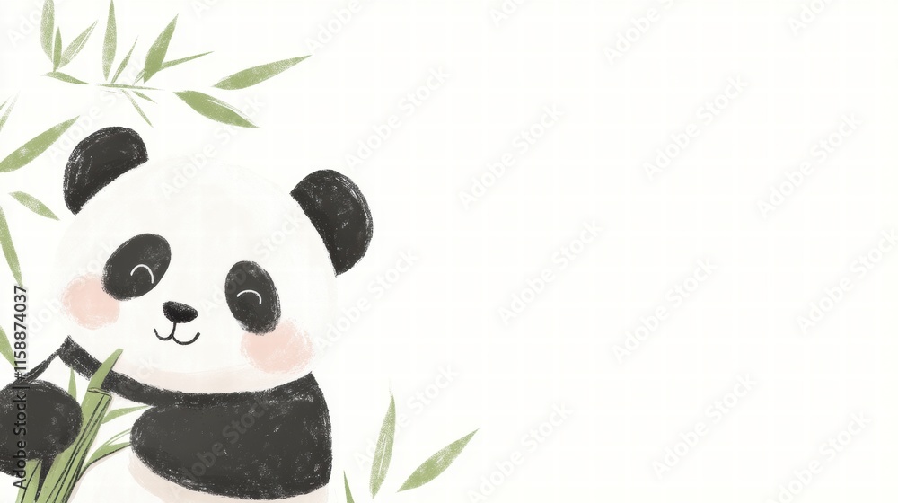 Aufkleber panda happily holds bamboo against a clean background with plenty of space for text and creative des