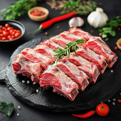 Raw Bone-In Lamb Chops, Dark Wooden Surface with Herbs and Spices, Preparation Environment for Culinary or Food Photography