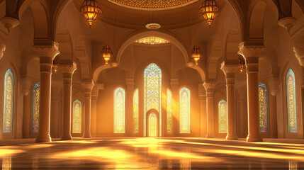 Fototapeta premium 3D rendered interior of a majestic mosque, Islamic background.