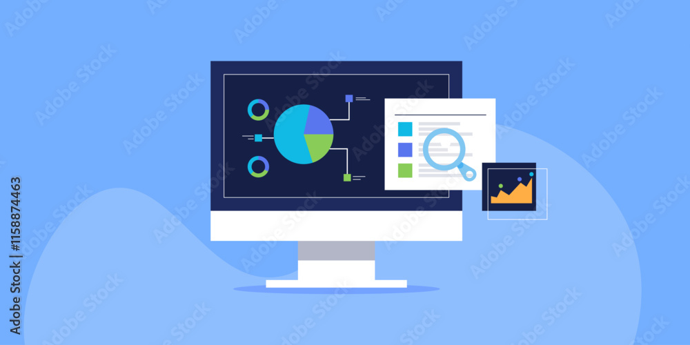 Poster data visualization, analytics software display diagram chart, company market share, annual financial