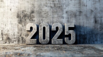 Fototapeta premium 2025 text with concrete texture on construction site, new year 