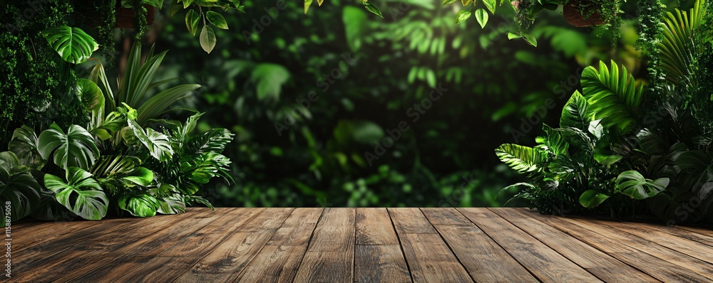 Poster empty wooden table with blurred jungle background for displaying products