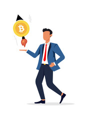 A businessman in a suit presenting Bitcoin with a rocket boost effect, symbolizing cryptocurrency growth, innovation, and the dynamic nature of digital investments