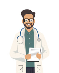 Fototapeta premium Cheerful male doctor holding a clipboard, dressed in a white lab coat with a stethoscope, representing professionalism, care, and dedication in the healthcare industry