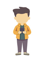 Minimalist illustration of a child holding a phone, dressed in casual clothing, showcasing modern digital habits and youth interaction with technology in everyday life
