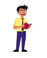 Animated illustration of a student in a tie and yellow shirt looking surprised while holding a red book, reflecting the emotions of discovering unexpected information in studies