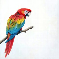 Obraz premium Bright parrot illustration perched on a branch with colorful feathers against a neutral background. Generative AI