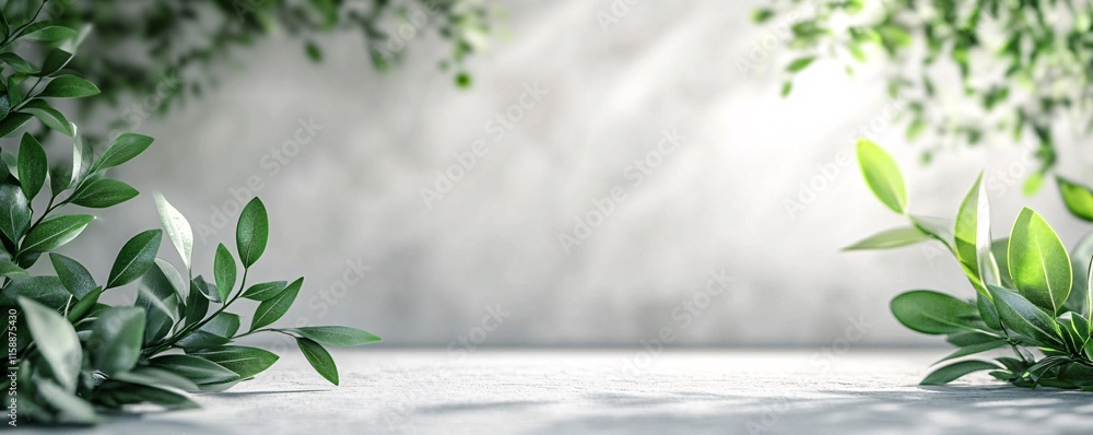 Poster empty concrete table with green plants and sunlight creating relaxing background