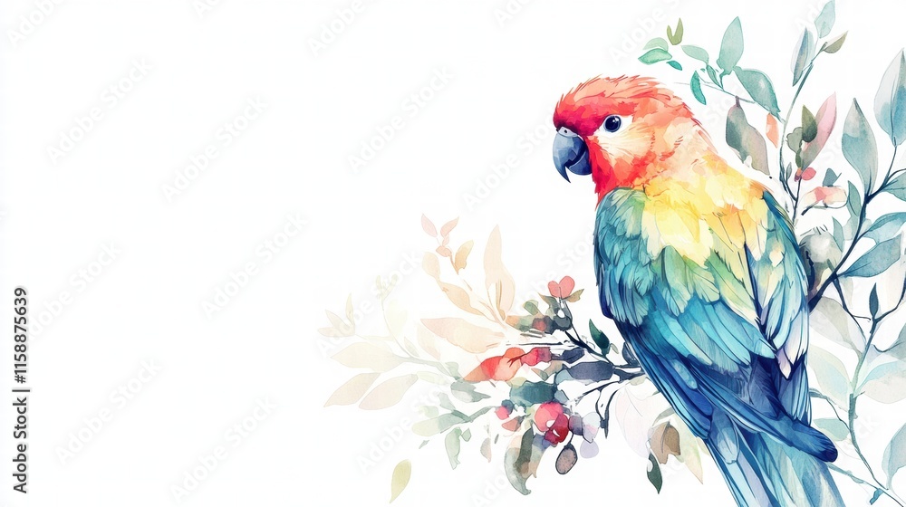 Leinwandbilder brightly colored parrot perched on a branch surrounded by soft foliage with space for creative text 