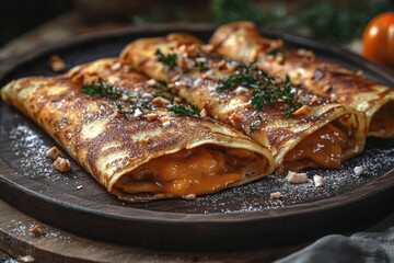 Three delicious crepes filled with sweet pumpkin filling, sprinkled with powdered sugar and chopped nuts, served on a dark wooden plate.