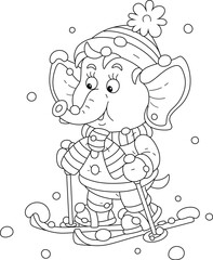 Cute little elephant skier on a winter walk in a snowy forest, black and white outline vector cartoon illustration for a coloring book