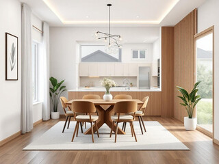 Dine room . Interior mockup with house background. Modern interior design. 3D render
