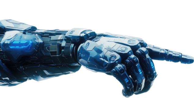 A digital robot hand pointing a finger, isolated on a transparent PNG white background. This futuristic technology concept features a blue and black color scheme