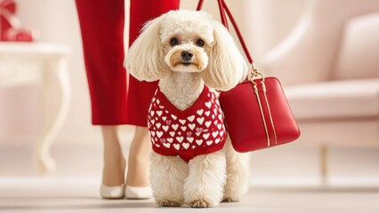 Valentine's themed matching outfits for dog and owner concept. Adorable dog in a heart-patterned sweater with a stylish handbag