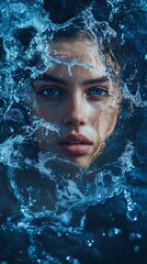 Young woman emerging from dark blue water with wet face and hair