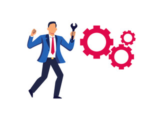 Businessman in a suit holding a wrench next to vibrant red gears, symbolizing problem-solving, teamwork, and operational efficiency. Perfect for corporate, business, or productivity themes.