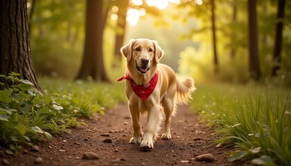 Golden Retriever Hiking, Dog in Forest, Pet Adventure, Red Bandana Dog
