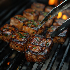 Grilled Steak Skewer Close-up, Seared with Basting Sauce and Seasoning on Hot Charcoal Grill Grate, Outdoor Environment for Food Photography