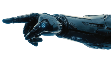A digital robot hand pointing a finger, isolated on a transparent PNG white background. This futuristic technology concept features a blue and black color scheme