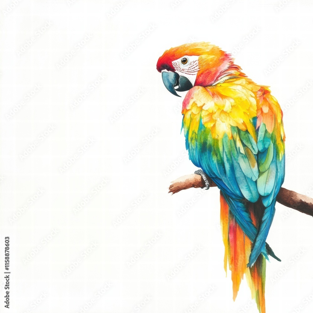 Aufkleber Bright parrot perched on a branch with vibrant feathers and clear background for mock up use or text placement. Generative AI