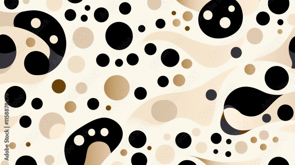 Poster abstract seamless pattern with colorful balls, circles, and wavy lines, creating a dynamic and playf