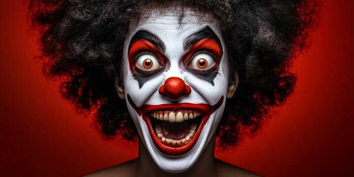 Creepy clown wearing oversized afro wig, white makeup, exaggerated red features, staring intensely against vivid crimson background