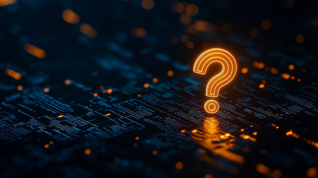 glowing orange question mark stands out on dark digital circuit board background, evoking curiosity