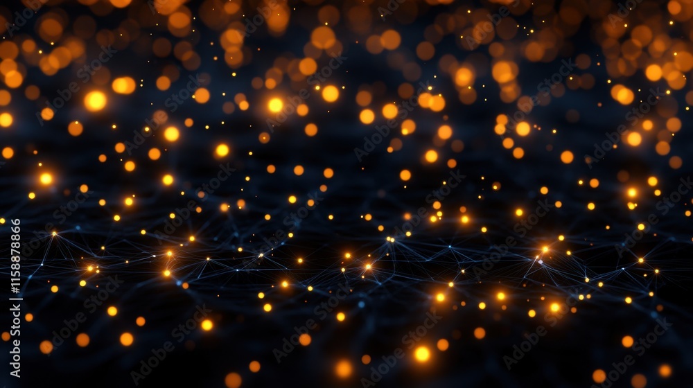 Poster network of interconnected dots, resembling a celestial constellation or a complex neural network, wi