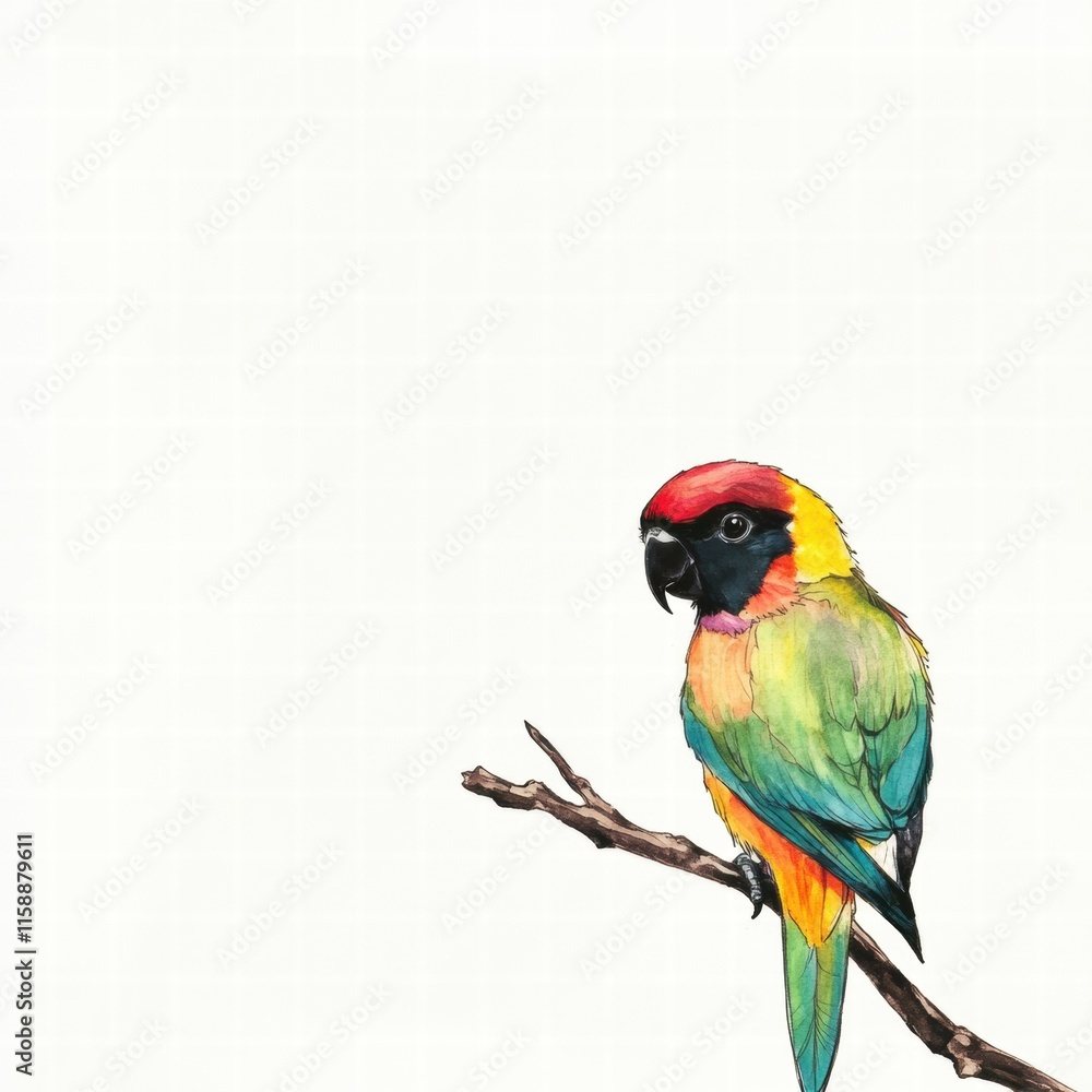 Aufkleber Bright parrot illustrated perching on a branch with ample space for text design across a light background. Generative AI