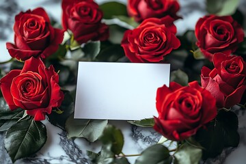 Blank card surrounded by vibrant red roses on marble