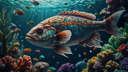 Fototapeta premium Vibrant Reef Fish Swims Among Colorful Coral