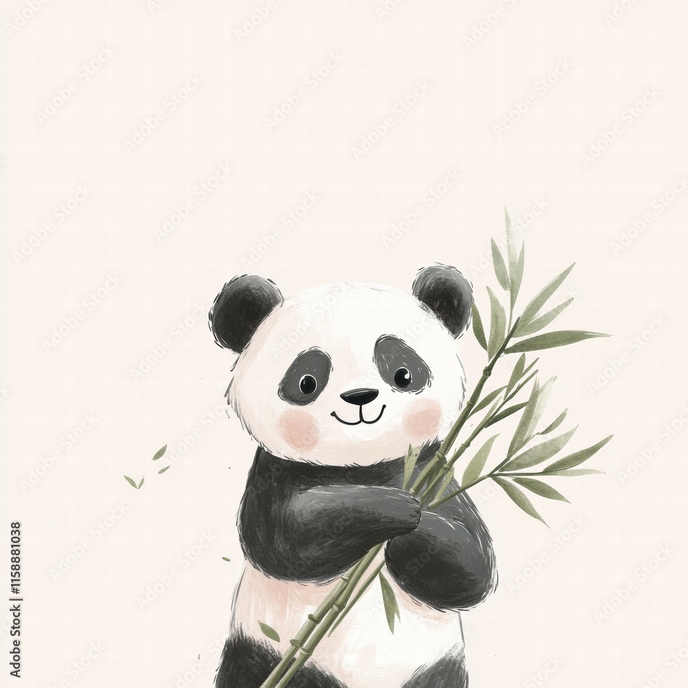 Poster panda happily holding bamboo with plenty of space for text in a simple background. generative ai
