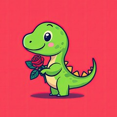 Cute Dinosaur Holding Rose Valentine s Day Cartoon Illustration Adorable Green Red Love Romance