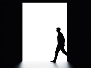 Obraz premium Silhouette of a person walking through a bright doorway, symbolizing opportunity, transition, or mystery. A minimalist image with bold contrast and dramatic lighting.