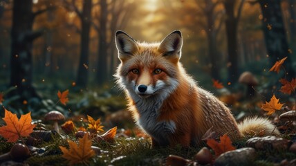 Fototapeta premium Red Fox Sitting in Autumn Forest
