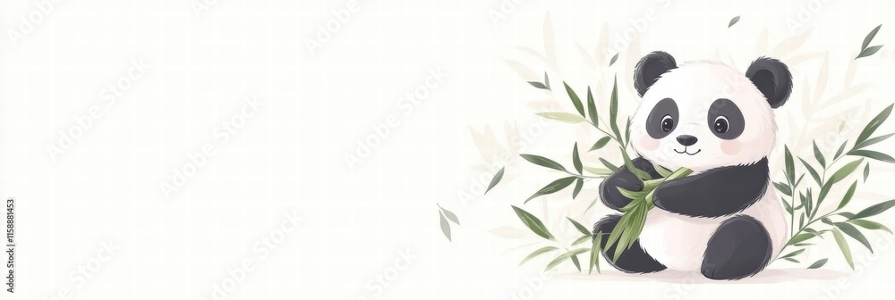 Poster Cute panda happily holding bamboo in a tranquil setting with space for text and creative designs. Generative AI
