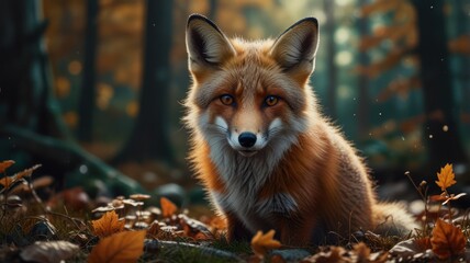 Fototapeta premium Red Fox Sitting Amidst Autumn Leaves in Forest