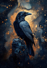 A black raven on an abstract textured background.