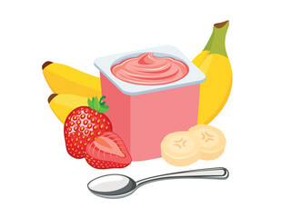 Banana strawberry yogurt in a plastic cup and spoon vector illustration. Strawberry banana yogurt plastic cup icon on a white background. Fruit yoghurt and fresh strawberries and bananas vector