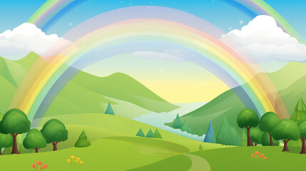 Charming digital village landscape with a rainbow and rolling hills, ideal for Earth Day text overlay