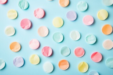 Pastel colored confetti scattered on a light blue background.