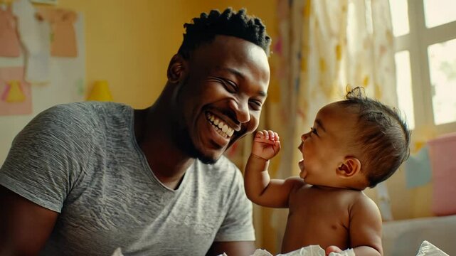A young African father enjoys precious moments with his newborn baby, celebrating life and bonding in their cozy home filled with laughter and happiness.
