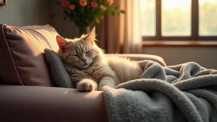 A relaxed cat curled up in a cozy ball, peacefully sleeping on a couch with a blanket, in a warmly lit living room