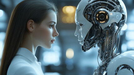 若い女性とアンドロイドロボットが向かい合って見つめ合っている。AI技術が発展した近未来のイメージ。