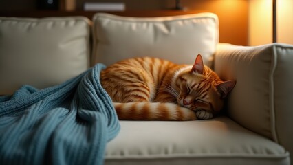 A relaxed cat curled up in a cozy ball, peacefully sleeping on a couch with a blanket, in a warmly lit living room