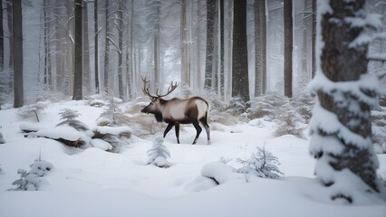 Fototapeta premium Snow-Covered Mountain Landscape Featuring Wild Animals - Deer, Goat, and Sheep