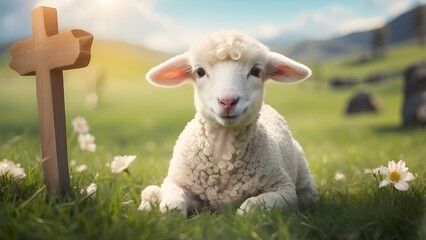 Obraz premium Cute Lambs and Sheep Grazing in Green Spring Meadow - Rural Farm Scene