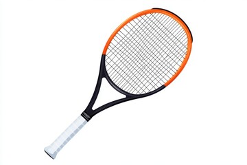 A tennis racket with an orange rim and a sleek design, perfect for playing matches or practicing serves and volleys.